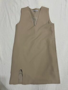 Beige Sleeveless Dress XS Minimalist V-Neck Slit Hem Stretch